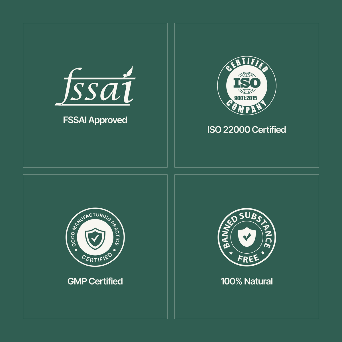 Four dark green panels arranged in a 2x2 grid with white certification and quality marks: FSSAI Approved, ISO 22000 Certified, GMP Certified, and 100% Natural.