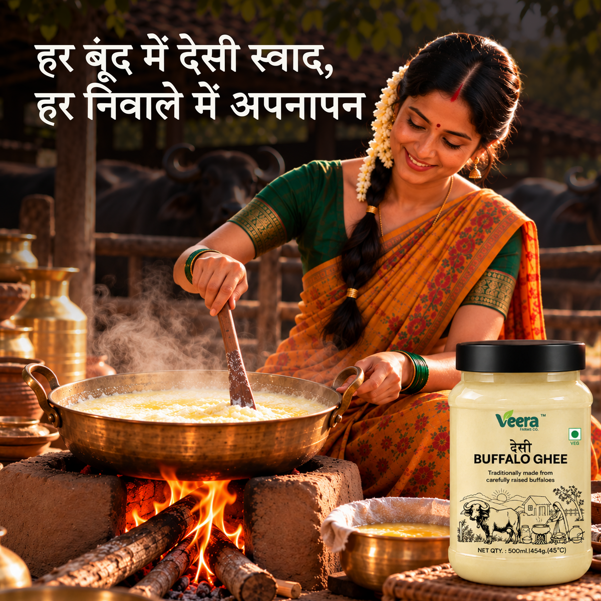 A woman in a traditional Indian sari stirs a large brass kadhai pot over an open fire, with steam rising. A jar of Veera Buffalo Ghee is shown in the lower right corner against a rustic outdoor cooking scene with cows and milk vessels in the background.