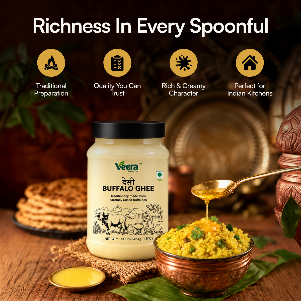 A jar of Veera Buffalo Ghee is displayed on a rustic wooden table with a bowl of yellow chickpea curry, a spoon of golden ghee, and decorative background elements. Text at the top reads 'Richness In Every Spoonful' with four feature icons.