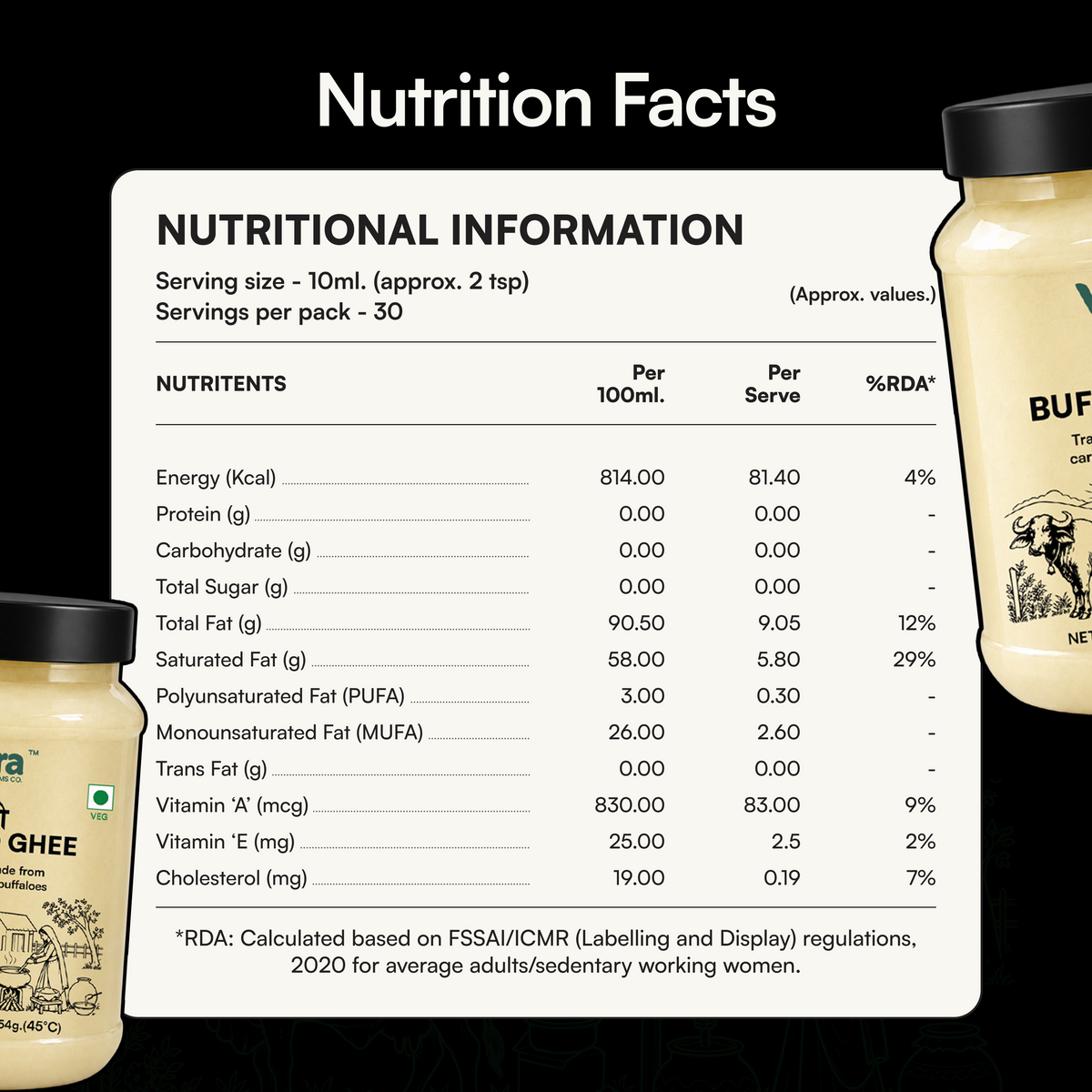A Nutrition Facts label for a ghee product shown on a black background, with partial bottles of the product visible on both sides. The label lists nutrients such as Energy, Protein, Carbohydrate, Sugar, Fat, and vitamins per 100 ml and per serve.