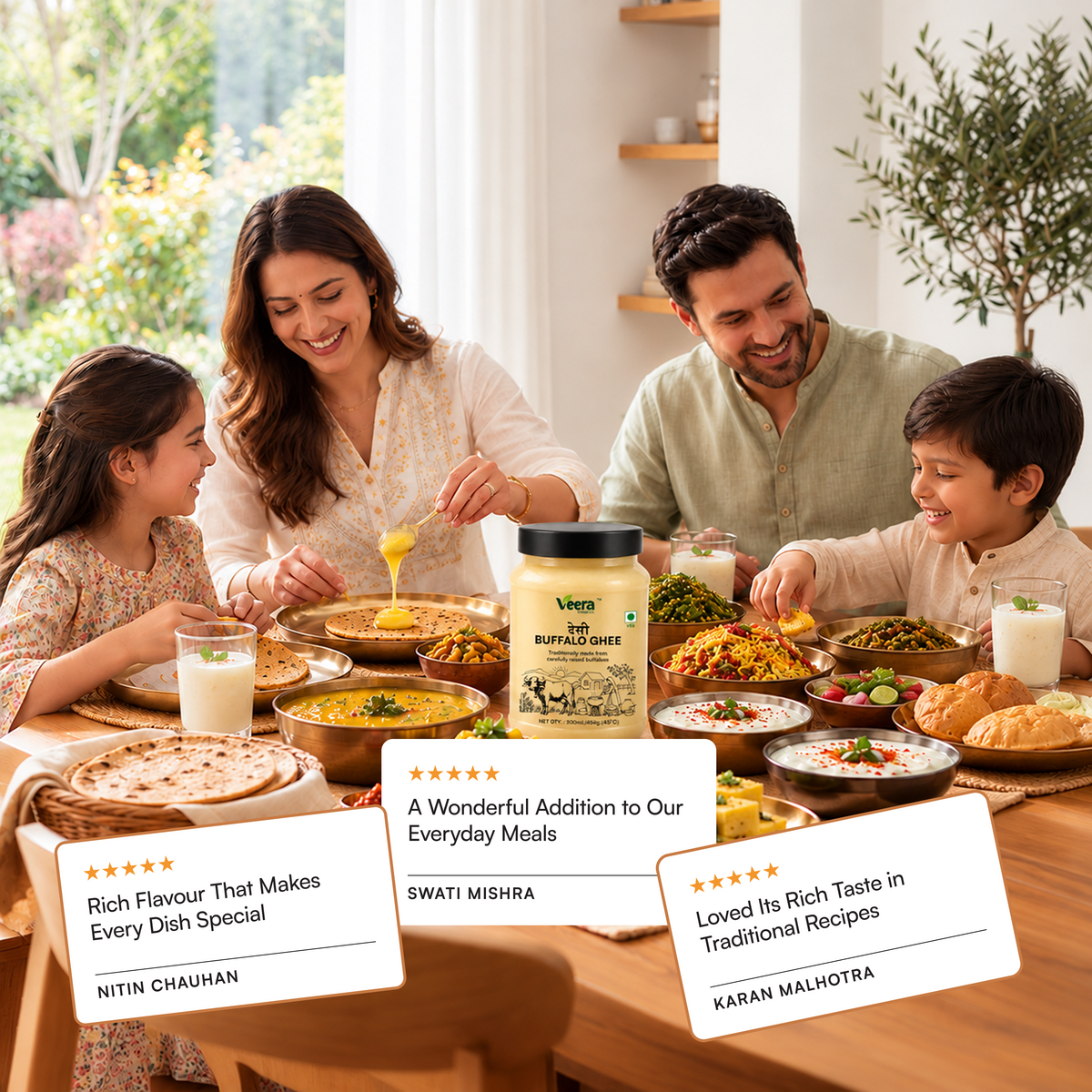 A family of four sits around a dining table laden with traditional Indian food, smiling and sharing a meal. In the foreground, a jar of Vee's Buffalo Ghee is prominently displayed with three customer review cards overlaid at the bottom.