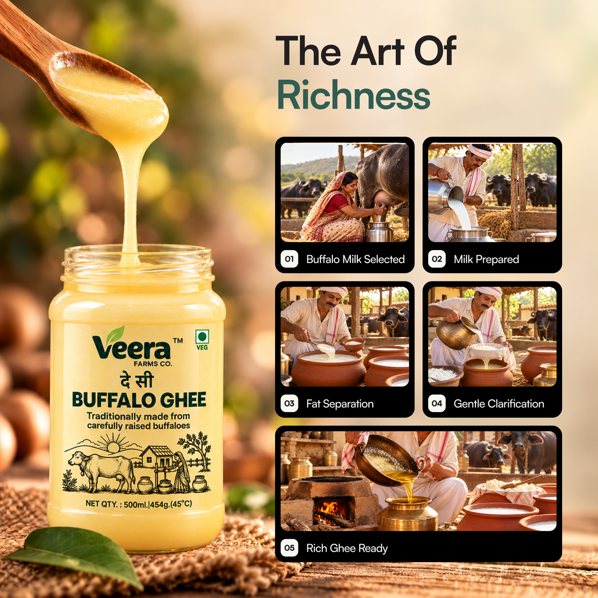 A jar of Veera Organic Buffalo Ghee with a wooden spoon dripping honey above it, set against a warm rustic background. The right side includes the text 'The Art Of Richness' and a four-step infographic showing buffalo milk selection, milk preparation, fat separation, and clarified ghee ready for use.