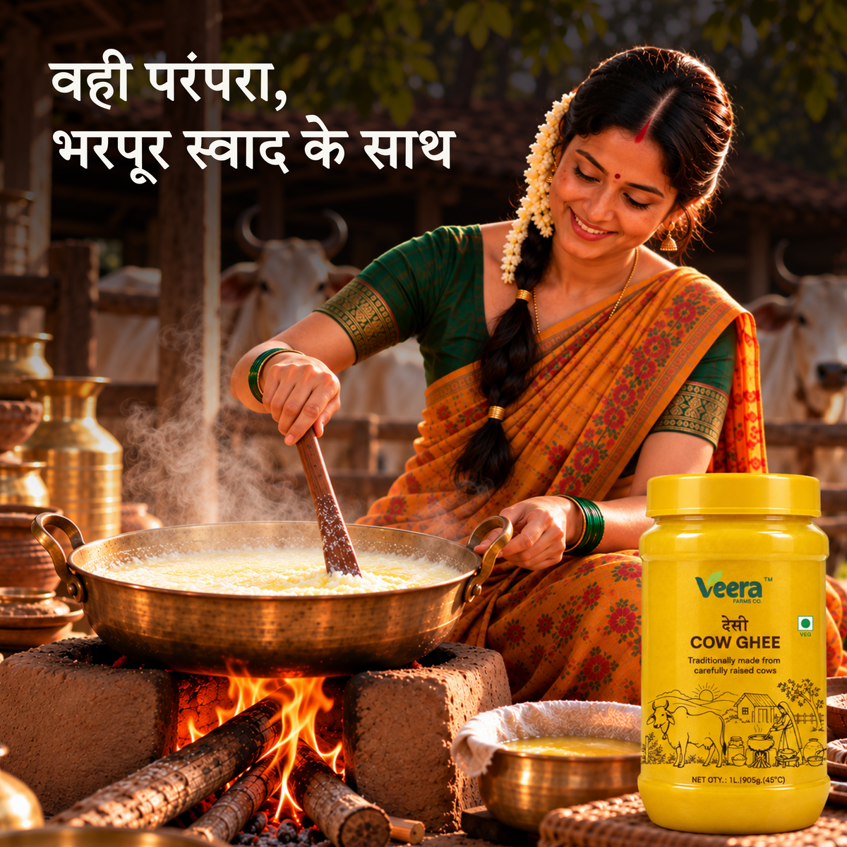 A woman in a traditional sari stirs a pan of milk on an open fire outdoors, with a large jar of Veera Cow Ghee shown in the foreground. Hindi text appears at the top, and the scene is styled with rustic cooking elements and warm lighting.