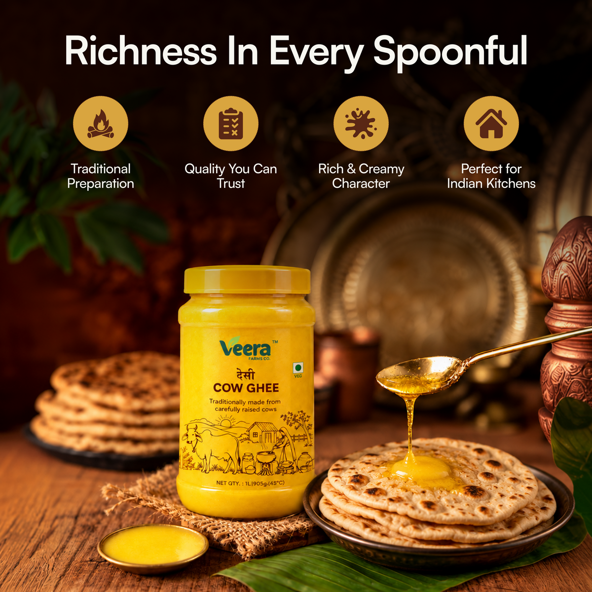A jar of Veera Cow Ghee displayed on a wooden table with stacked flatbreads, a spoon dripping golden ghee, and decorative copper and brass kitchen items in the background. Text at the top reads 'Richness In Every Spoonful' with four feature icons.