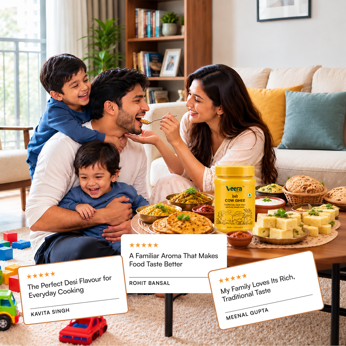 A family of four enjoys traditional Indian food in a cozy living room setting. A large jar of Veero Organic Coconut Chutney sits on the table, surrounded by various dishes like dosas, samosas, and sweets.