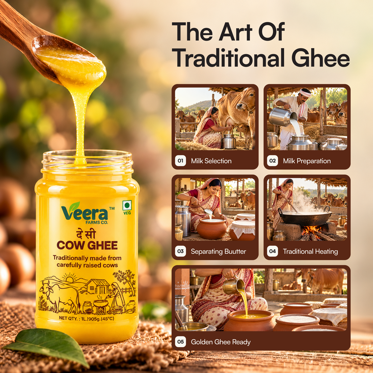 A jar of Veera Organic Cow Ghee with a wooden spoon lifting golden ghee above it, alongside a six-step infographic titled 'The Art Of Traditional Ghee' showing milk preparation, separation, heating, and pouring.