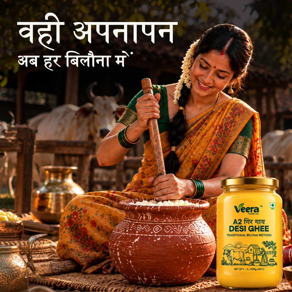 A woman in a traditional sari sits outdoors beside a clay pot, holding a wooden pestle. A large jar of Veera A2 Desi Ghee is shown in the foreground on the right, with Hindi promotional text at the top left.
