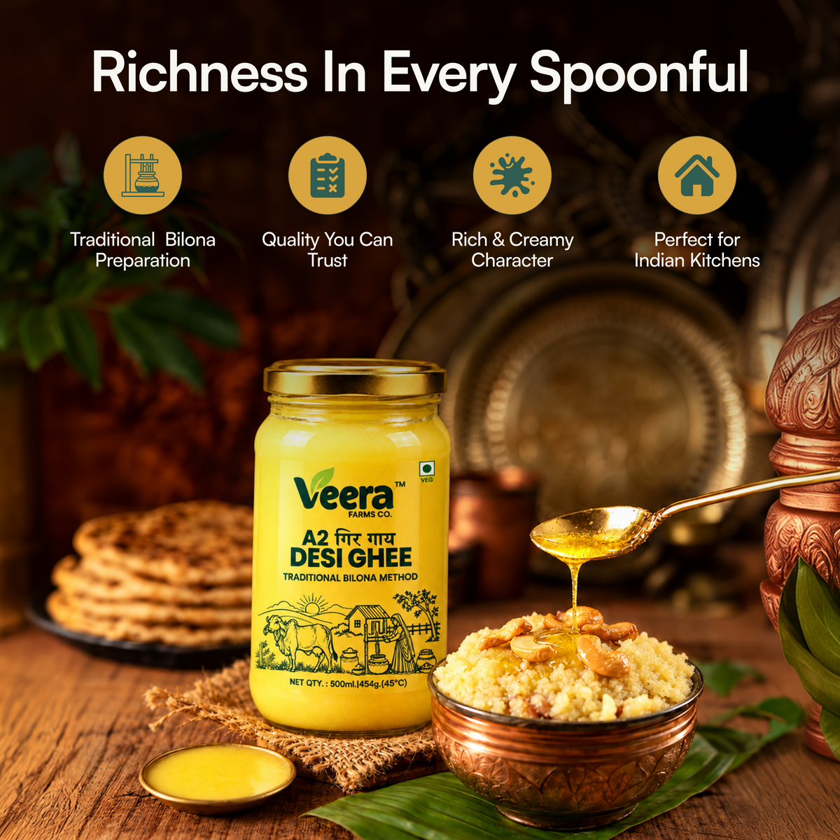 A jar of Veera A2 Desi Ghee is displayed on a rustic wooden table with a bowl of rice topped with drizzled ghee, nuts, and leaves. The image includes marketing text and icons highlighting product benefits.