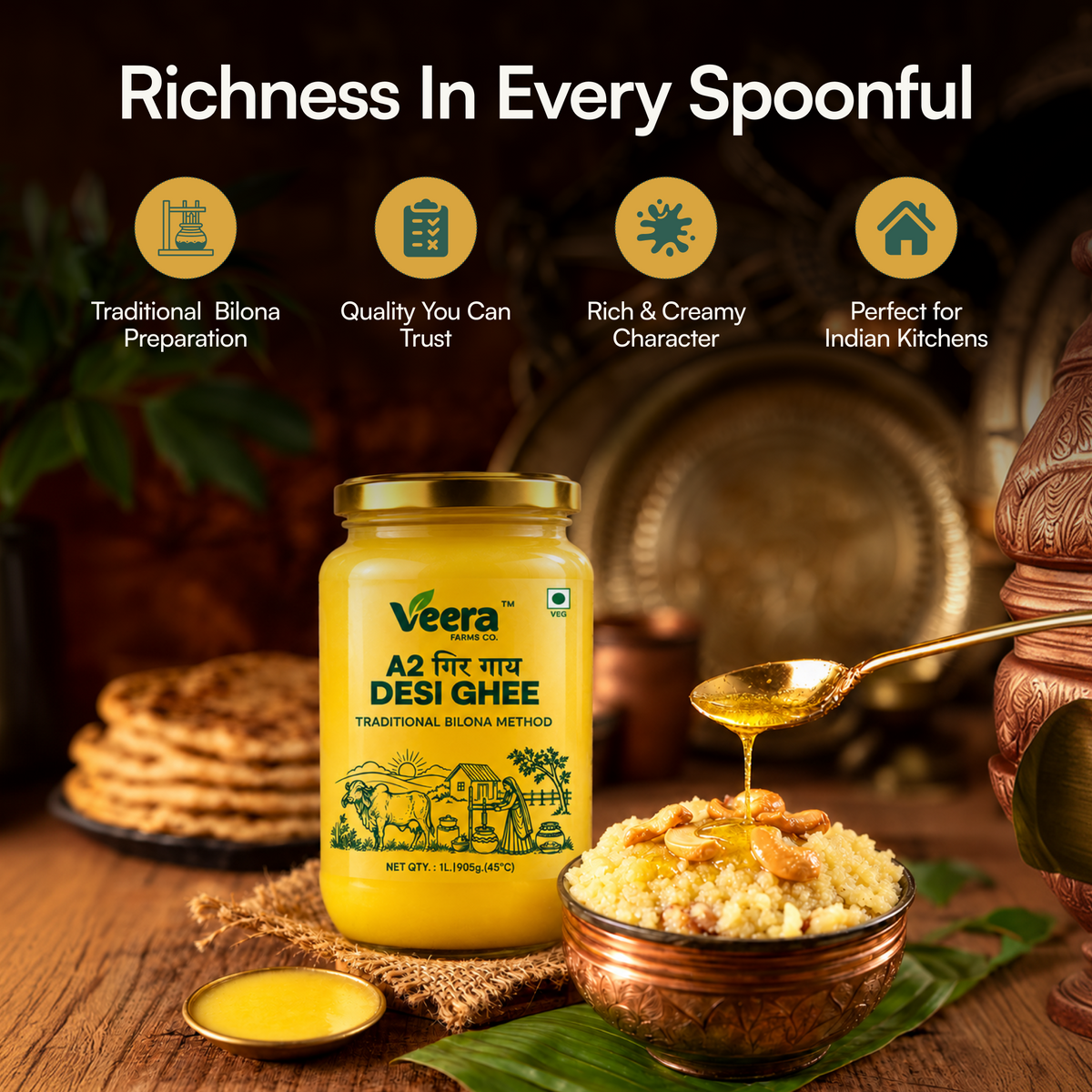 A jar of Veera A2 Butter Ghee (Desi Ghee) displayed on a rustic wooden table with a bowl of Indian rice dish and a spoon of golden ghee dripping. The image features promotional text and icons highlighting product benefits.