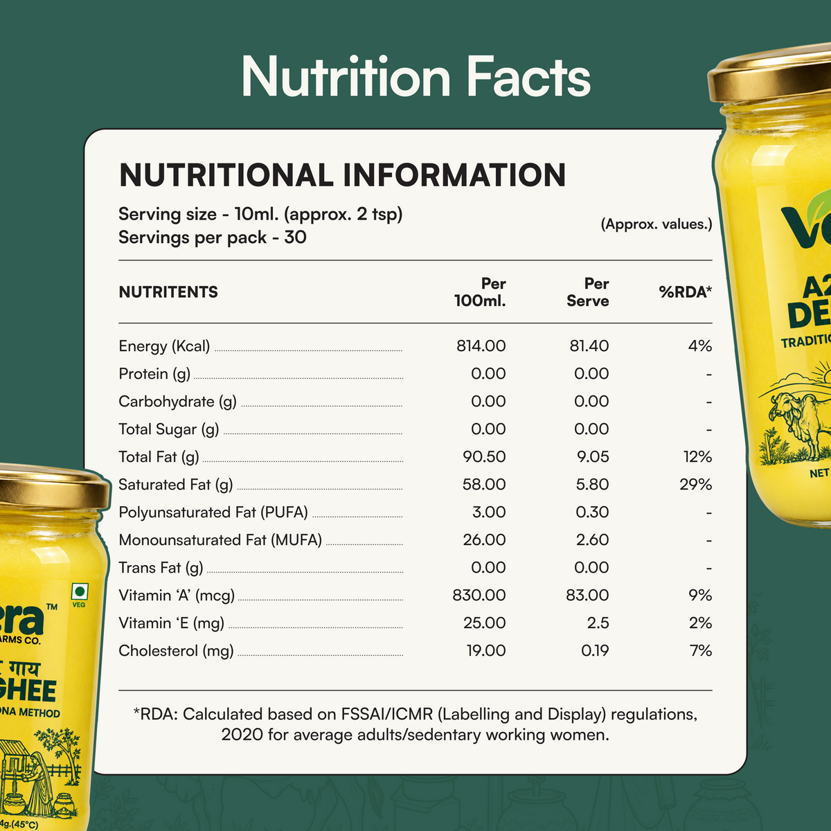 A Nutrition Facts label for a jar of Azeema Pure Ghee, shown on a dark green background with two glass jars of the product partially visible on the left and right. The label details nutritional information per 10ml and per serve, with the Azeema brand logo visible on the jars.