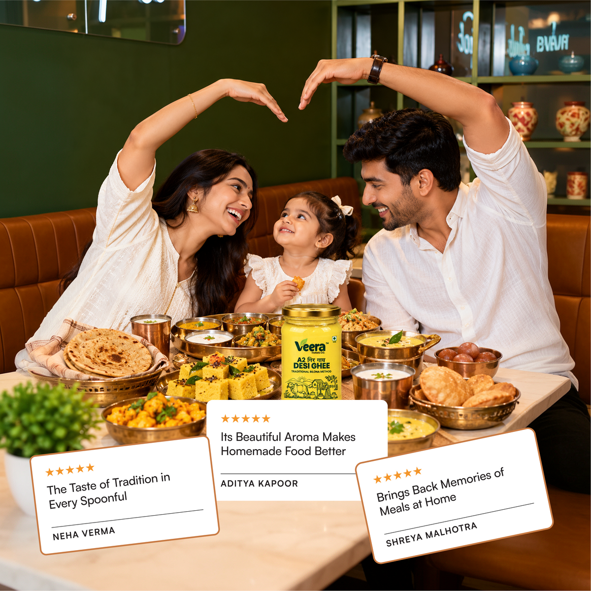 A family of three enjoys a meal together at a restaurant table, with the Vea Alia Marigold jar prominently displayed on the table. The scene is decorated with food, and three customer review cards are overlaid at the bottom of the image.