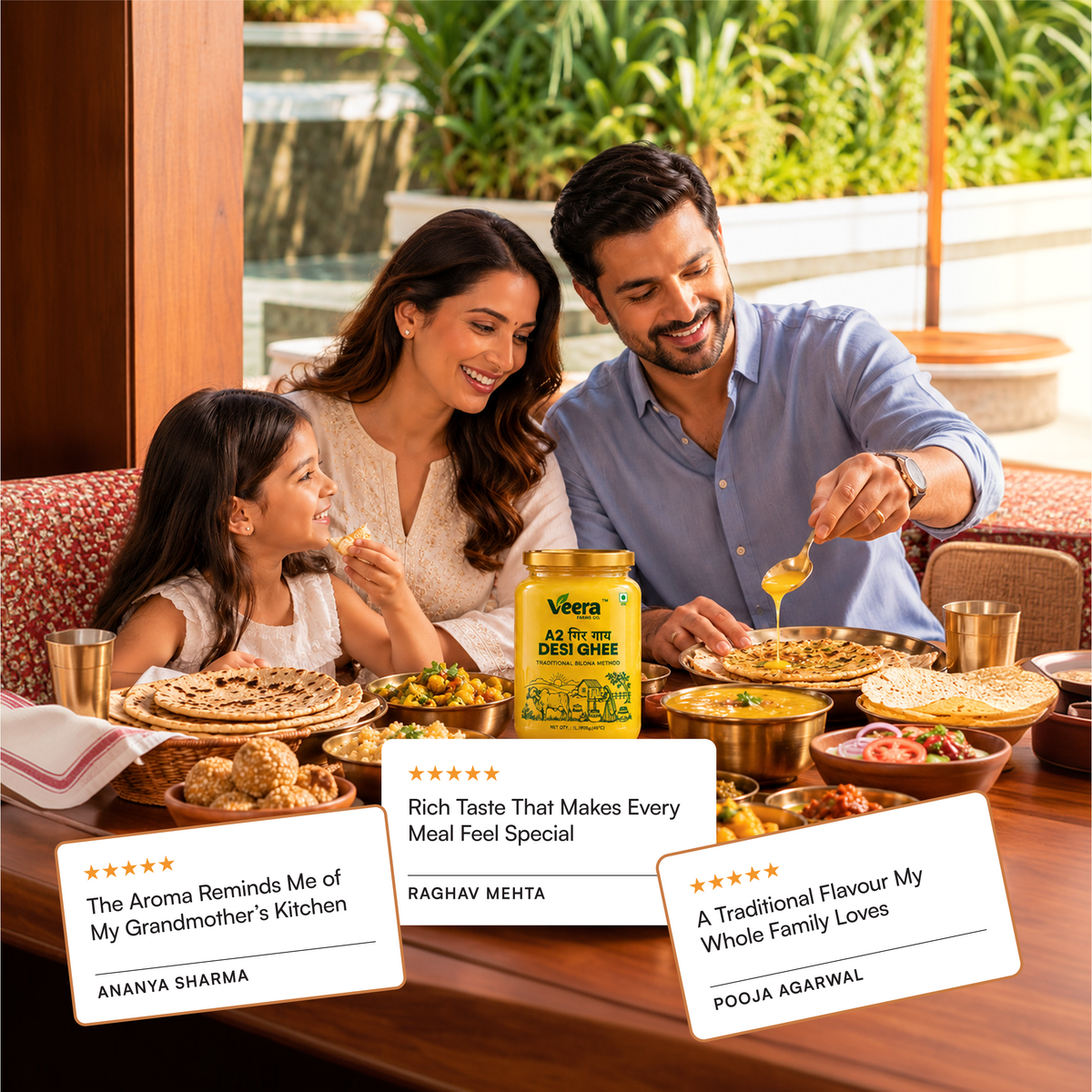 A family of three shares a meal around a table filled with Indian food, with a jar of Viera All In The desi Ghee prominently displayed on the table. Three customer review cards are overlaid on the bottom left, bottom right, and bottom center.